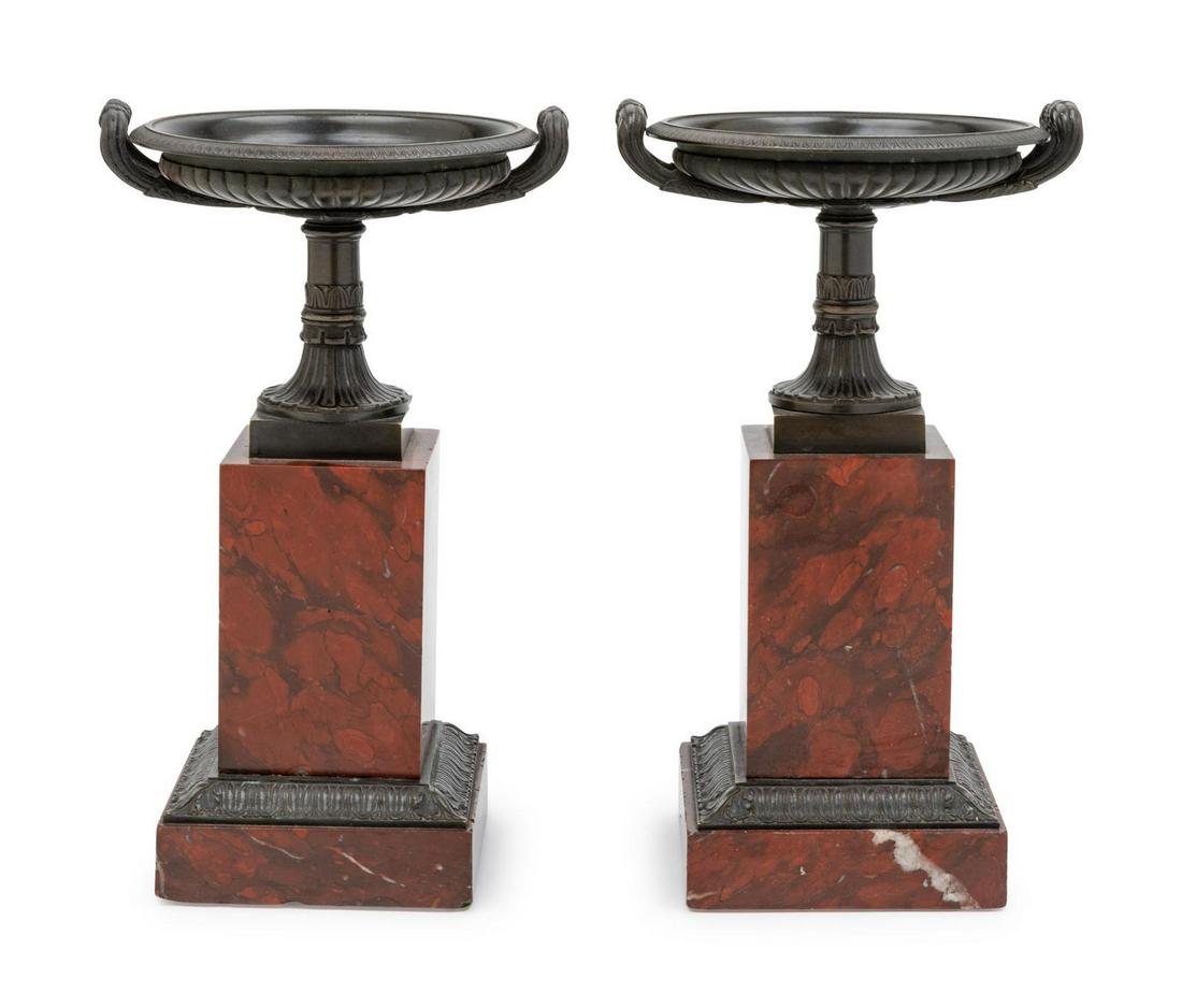 A Pair of Continental Bronze and Marble Table Ornaments: A Pair of Continental Bronze and Marble Table Ornaments Height 10 3/8 inches.