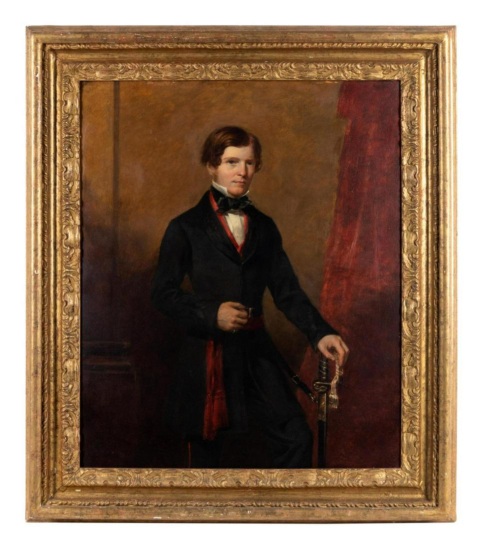 Artist Unknown, 19th Century: Artist Unknown, 19th Century Portrait of a Man with Sword oil on board 23 1/2 x 19 1/2 inches. Property from the Collection of Dr. Gregory Boshart and Dr. William Lawrence, Chicago, Illinois