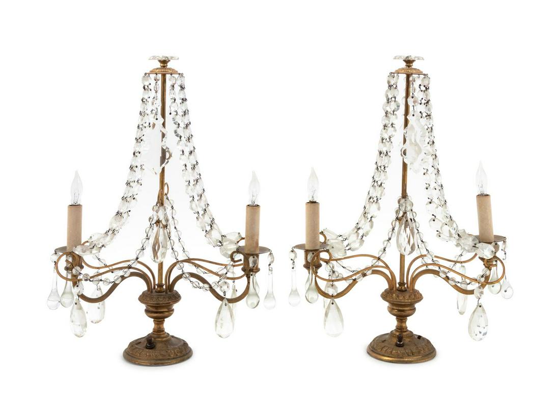 A Pair of Two-Light Brass Girandoles: A Pair of Two-Light Brass Girandoles Late 19th/Early 20th Century Height 18 1/8 x width 13 inches. Property from the Collection of Dr. Gregory Boshart and Dr. William Lawrence, Chicago, Illinois