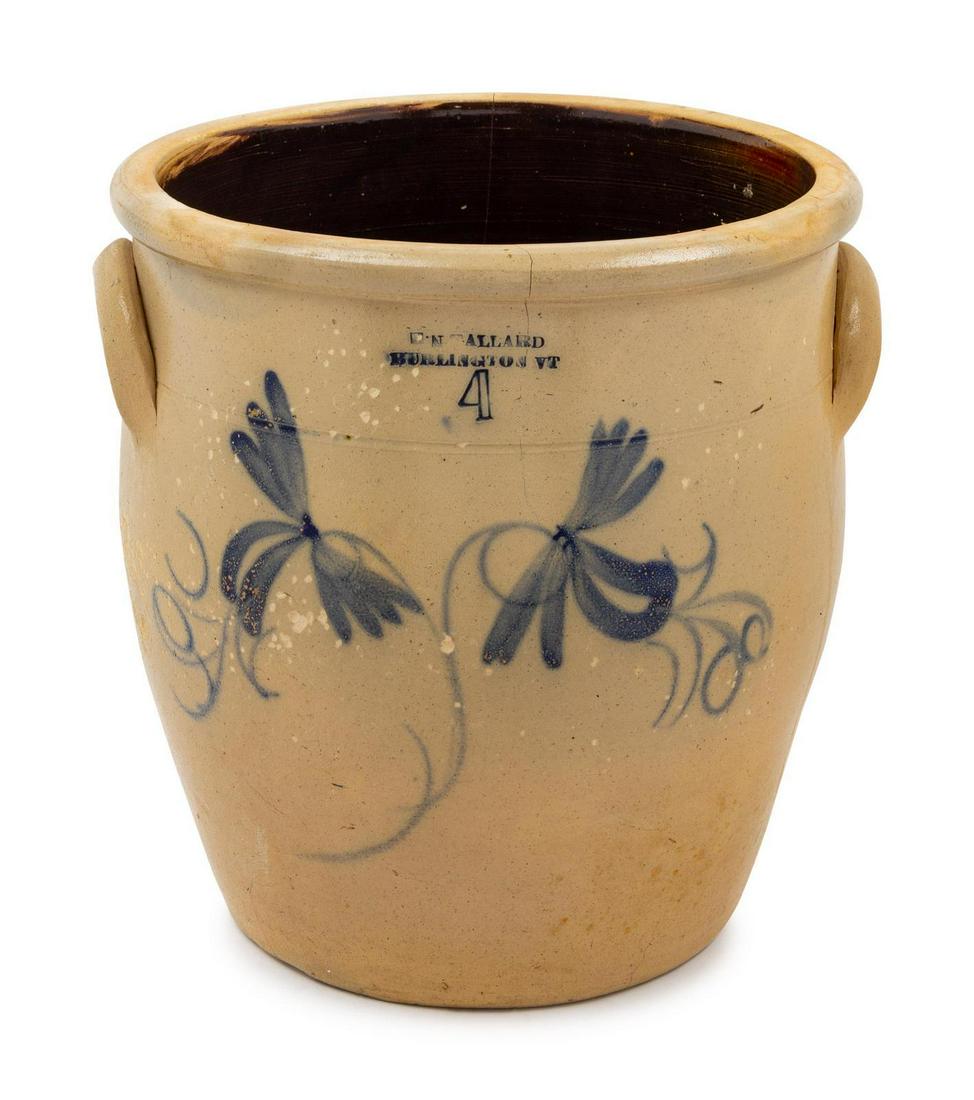 A Cobalt-Decorated Stoneware Four-Gallon Crock: A Cobalt-Decorated Stoneware Four-Gallon Crock H.N. Ballard, Burlington, Vermont, 19th Century Height 13 inches. Property from the Collection of Michael and Janice Doniger, Chicago, Illinois