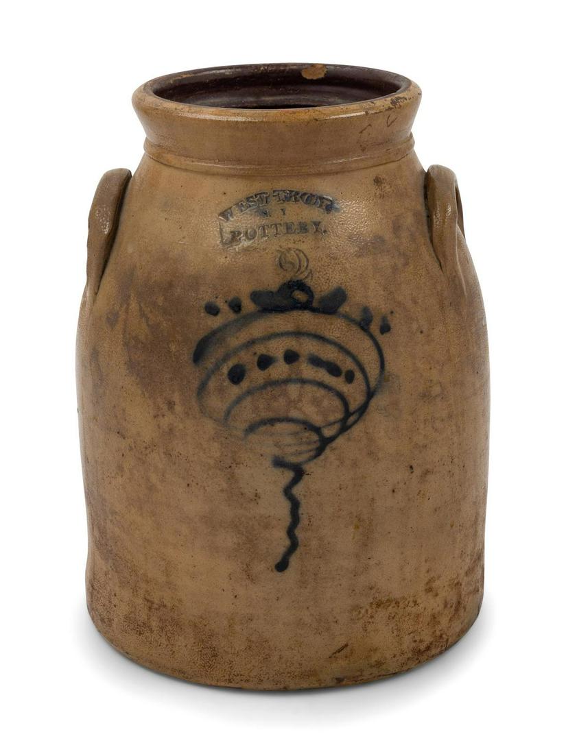 A Cobalt Decorated Stoneware 2-Gallon Crock: A Cobalt Decorated Stoneware 2-Gallon Crock West Troy Pottery, New York, 19th Century Height 12 inches. Property from the Collection of Michael and Janice Doniger, Chicago, Illinois