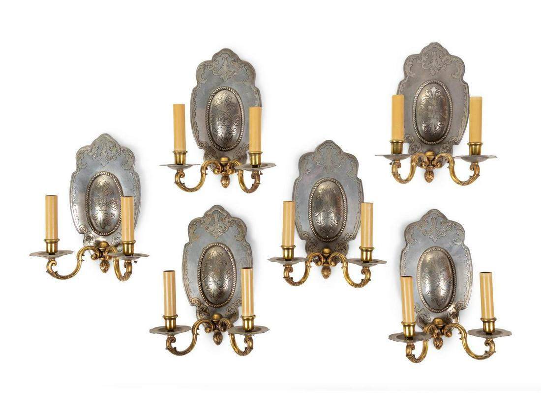 A Set of Six Silvered and Gilt Metal Two-Light Sconces: A Set of Six Silvered and Gilt Metal Two-Light Sconces electrified. Property from a Midwest Collector