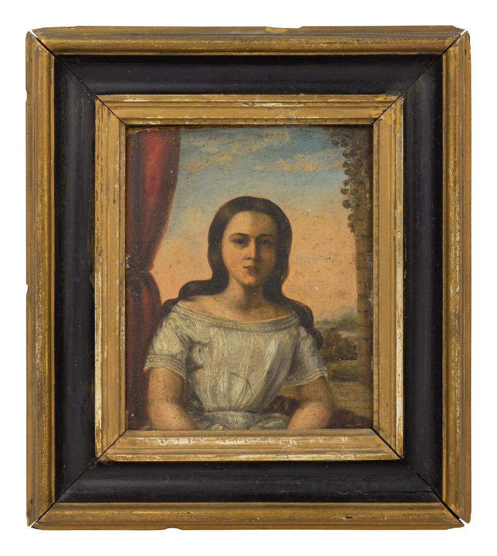 American School, 19th Century: American School, 19th Century Portrait of a Woman oil on board 10 x 8 inches. Property from the Collection of Michael and Janice Doniger, Chicago, Illinois
