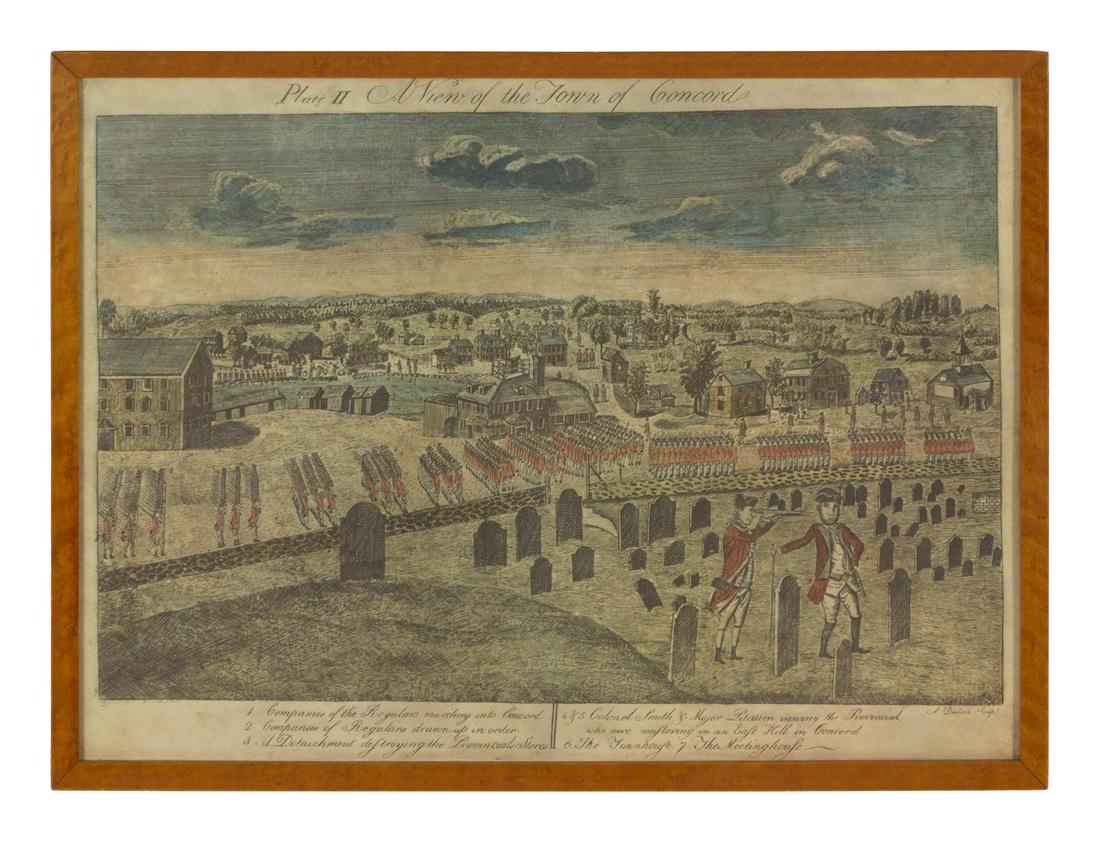 A Set of Four American Colored Prints: A Set of Four American Colored Prints After Ralph Earl (American, 1751-1801); Amos Doolittle (American, 1754-1832), engraver A View of the Town of Concord, The Battle of Lexington, A View of the Sou