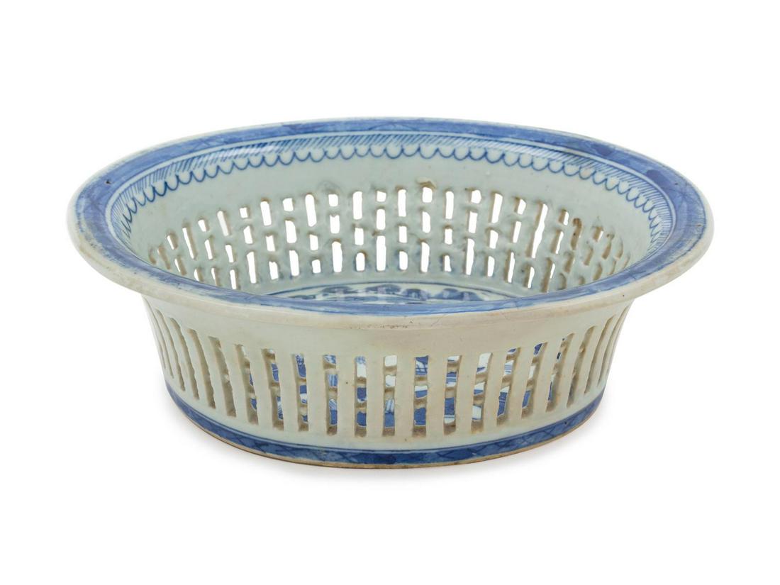 A Chinese Export Cobalt-Decorated Reticulated Porcelain: A Chinese Export Cobalt-Decorated Reticulated Porcelain Bowl 18th/19th Century Width 8 inches. Property from the Collection of Michael and Janice Doniger, Chicago, Illinois