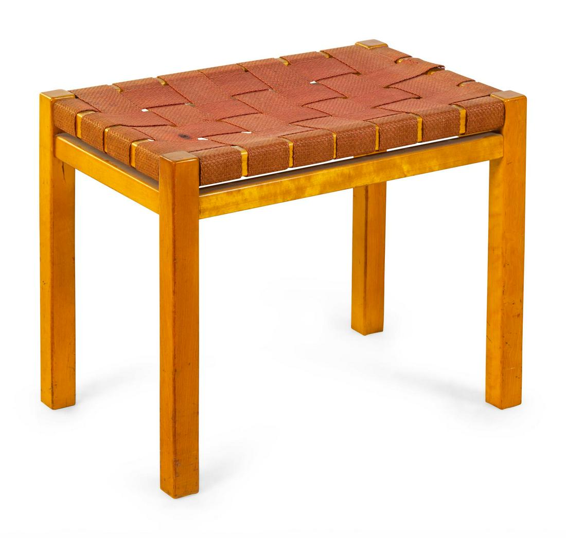 Alvar Aalto, Attribution (Finnish, 1898-1976): Alvar Aalto, Attribution (Finnish, 1898-1976) Webbed Stool upholstery, birch unmarked Height 17 inches. Property from a Private Collection, Chicago, Illinois