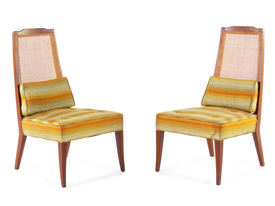 A Pair of Upholstered Caned Back Lounge Chairs: A Pair of Upholstered Caned Back Lounge Chairs Mid-20th Century Height 36 inches. Property from the Hilda Platt Trust, Highland Park, Illinois