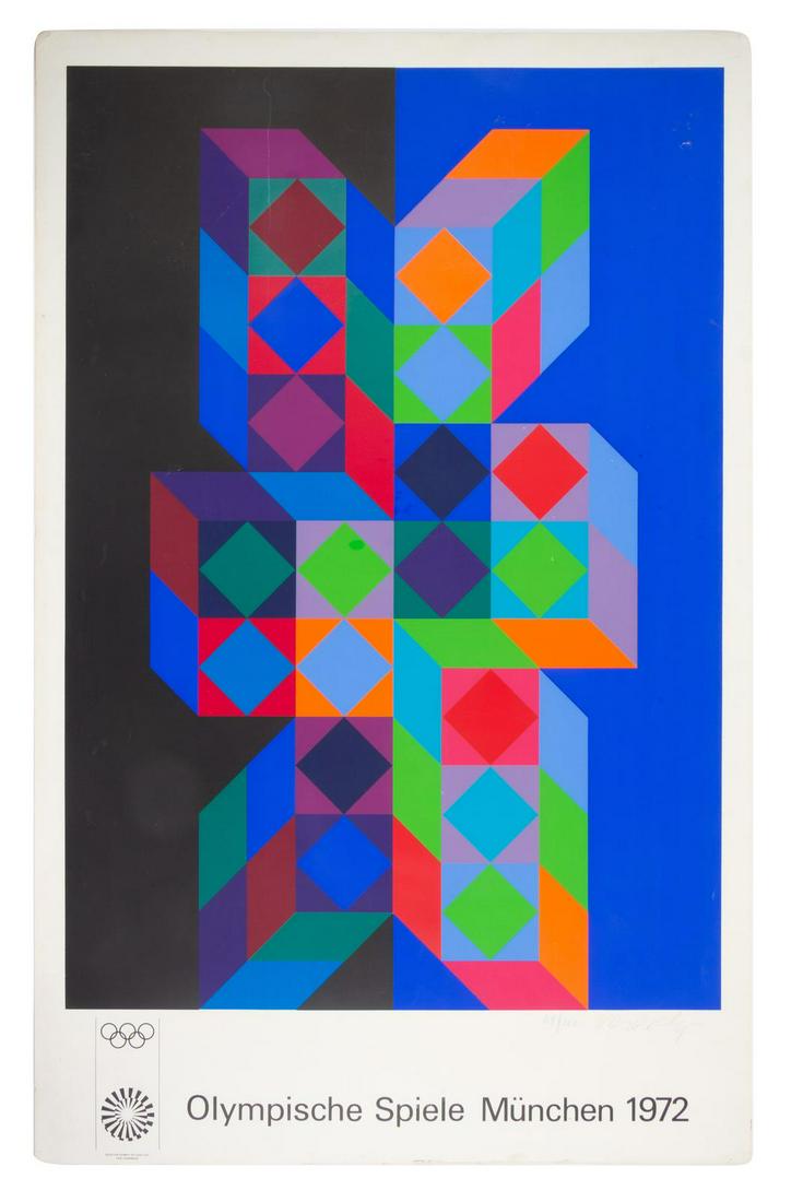 Victor Vasarely (Hungarian/French, 1908-1997): Victor Vasarely (Hungarian/French, 1908-1997) Olympische Spiele Munchen, 1972offset lithographsigned and numbered 81/200 in pencil36 x 25 inches.