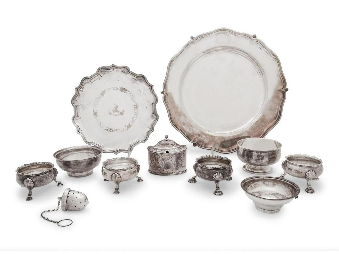 A Collection of Georgian Silver Table Articles: A Collection of Georgian Silver Table Articles Various Makers, Late 18th/Early 19th Century comprising four salt cellars; two tea strainers and a mustard pot, together with two silver-plate salvers an