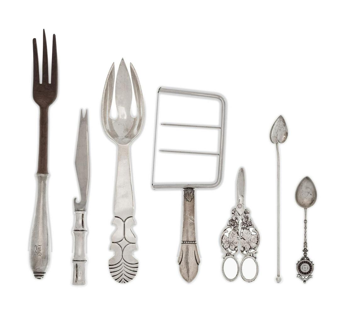 A Group of Silver Flatware Articles: A Group of Silver Flatware Articles 20th Century comprising 2 two-piece salad serving sets; five iced tea spoons; a cocktail mixing spoon; a bon bon server; a sugar scoop; an enameled souvenir spoon;