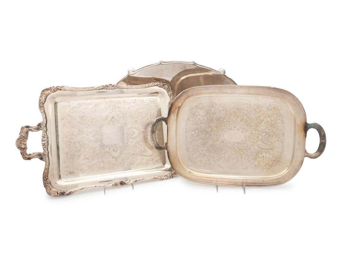Three Silver-Plate Serving Trays: Three Silver-Plate Serving Trays Early 20th Century and Later Length of longest 24 inches. Property from the Collection of Dr. Gregory Boshart and Dr. William Lawrence, Chicago, Illinois