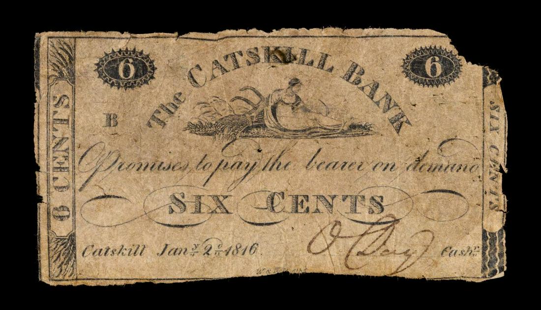 An 1816 The Catskill Bank, Catskill, NY 6-Cent Obsolete: An 1816 The Catskill Bank, Catskill, NY 6-Cent Obsolete Bank issued January 2, 1816 and signed 'O'Day'. Note Varying sizes; Largest measures 2 3/4 x 3 3/4 inches Sold to benefit the acquisition fund