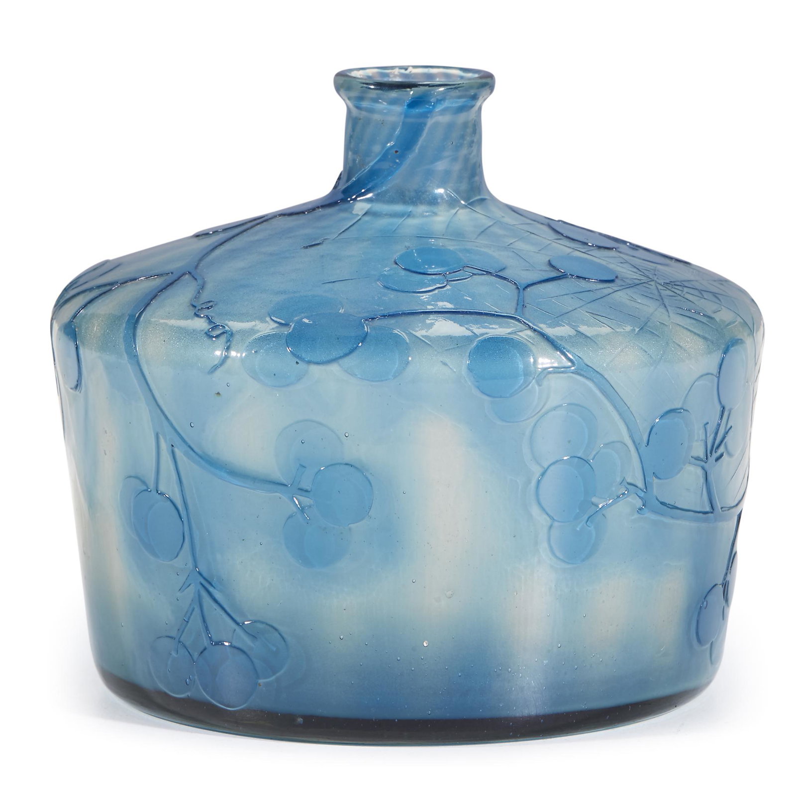 Émile Gallé (French, 1846-1904), A "Spiderweb" Perfume: Émile Gallé (French, 1846-1904)A "Spiderweb" Perfume Bottle, France, circa 1900 Overlaid, acid-etched, and fire-polished glass Raised, acid-etched signature: "Galle" H: 4, Dia: 4 1/2 in.PROVENANCE:P