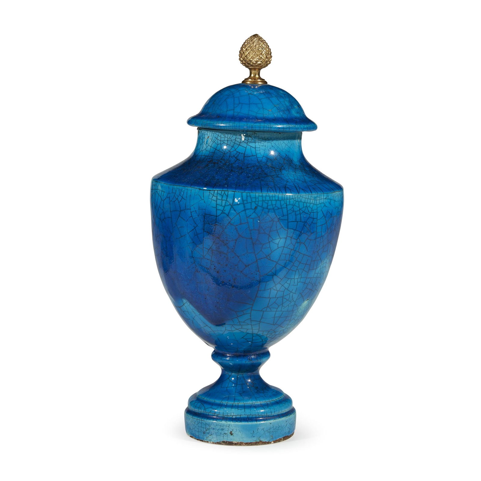 Attributed to Edmond Lachenal (French, 1855-1948),: Attributed to Edmond Lachenal (French, 1855-1948)Turquoise Glazed Covered Vase, France, early to mid 20th century Glazed earthenware, ormolu With "MADE IN FRANCE" label to underside of foot. H: 14 in.