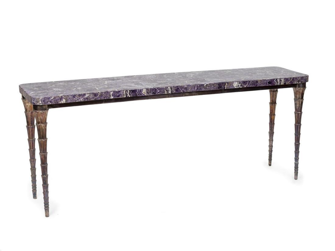 A Contemporary Amethyst Mosaic and Silver Clad Console: A Contemporary Amethyst Mosaic and Silver Clad Console Table PAUL MATHIEU FOR STEPHANIE ODEGARD, 20TH CENTURY labeled on the underside Odegard India. Height 31 x width 78 x depth 18 inches.