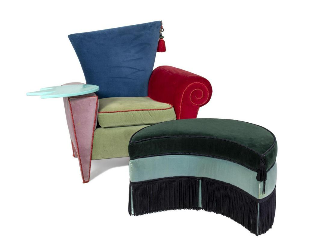 A Memphis Style Chair and Ottoman: A Memphis Style Chair and Ottoman 20TH CENTURY Chair height 40 x width 37 x depth 31 inches. Ottoman: Height 18 1/4 x width 23 x depth 32 inches.