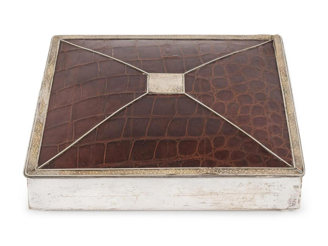 A Modern Silver, Shagreen and Crocodile Covered Box: A Modern Silver, Shagreen and Crocodile Covered Box 20TH CENTURY lined with cedar and marked Sterling. Height 2 1/2 x width 8 x depth 8 inches.