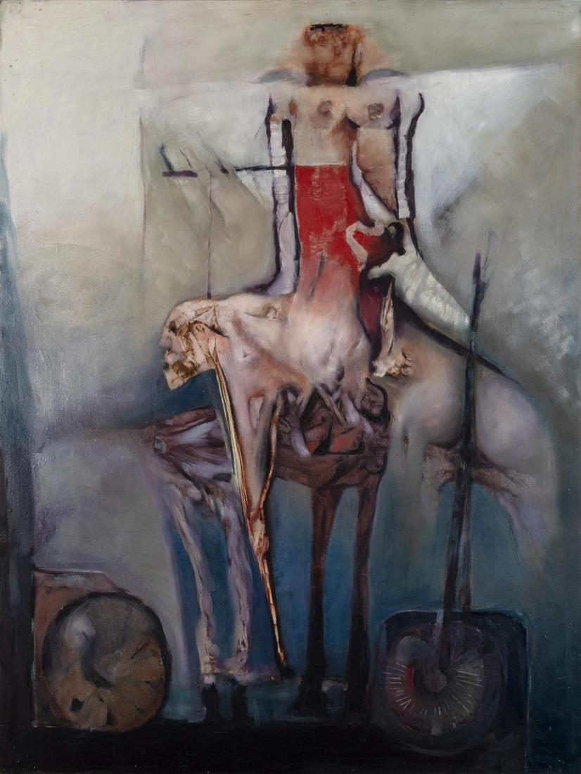 Ingeborg Ringer (Argentinian, 20th Century) Evolucion,: Ingeborg Ringer (Argentinian, 20th Century) Evolucion, 1987 oil on masonite 63 3/4 x 48 inches. Deaccessioned from the Boca Raton Museum of Art to benefit the Acquisitions Fund