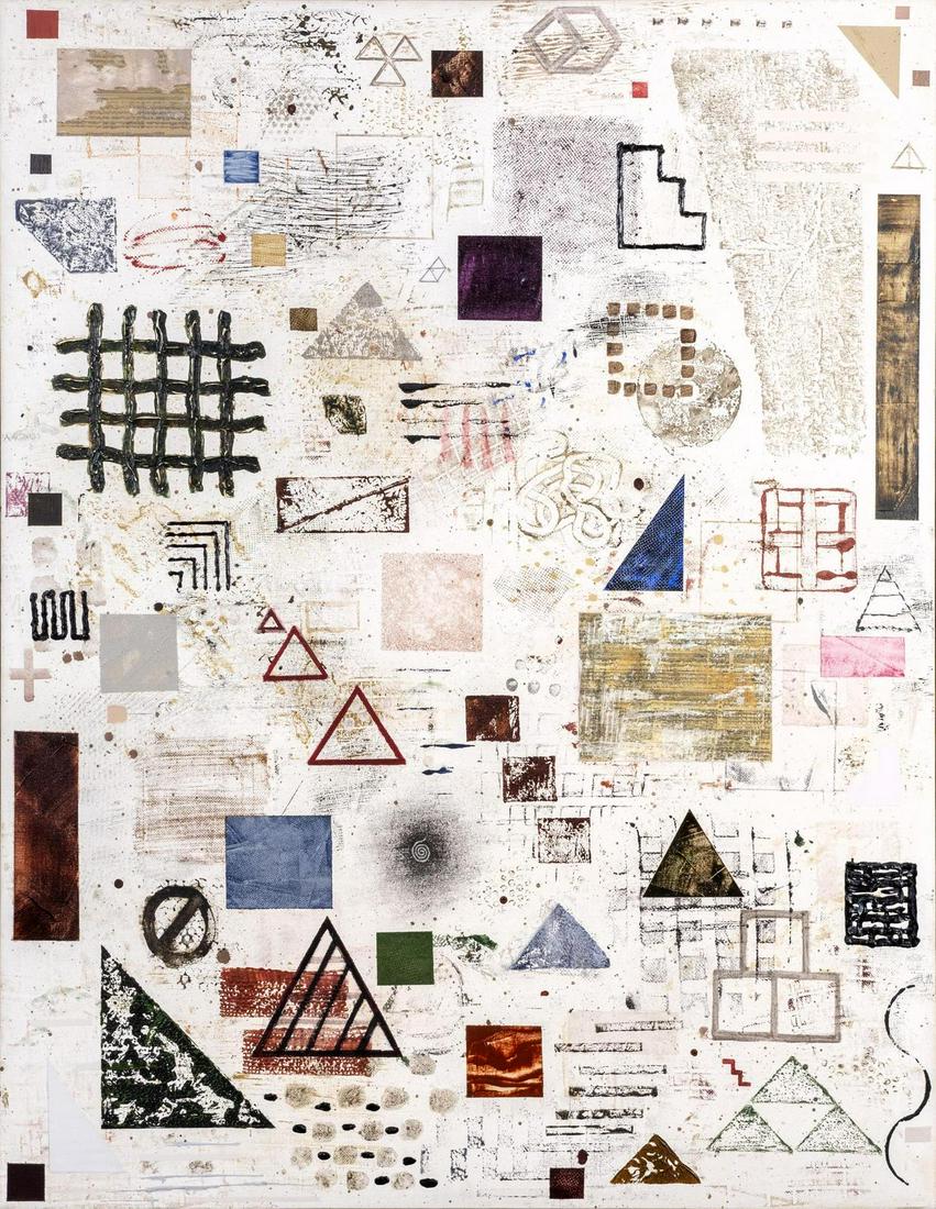 David Shapiro (American, 1944 - 2014) Poignancy of: David Shapiro (American, 1944 - 2014) Poignancy of Things II, 1979 acrylic on canvas, collage elements 54 x 44 inches. Deaccessioned from the Boca Raton Museum of Art to benefit the Acquisitions Fund