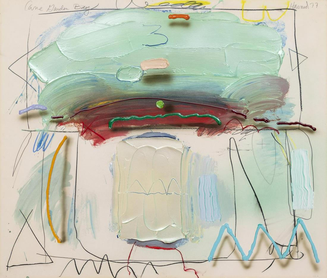 James Havard (American, b. 1937) Cane Garden Bay,: James Havard (American, b. 1937) Cane Garden Bay, 1977Â mixed media on paper (acrylic paint) Image 33 1/2 x 40 inches. Deaccessioned from the Boca Raton Museum of Art to benefit the Acquisitions Fu