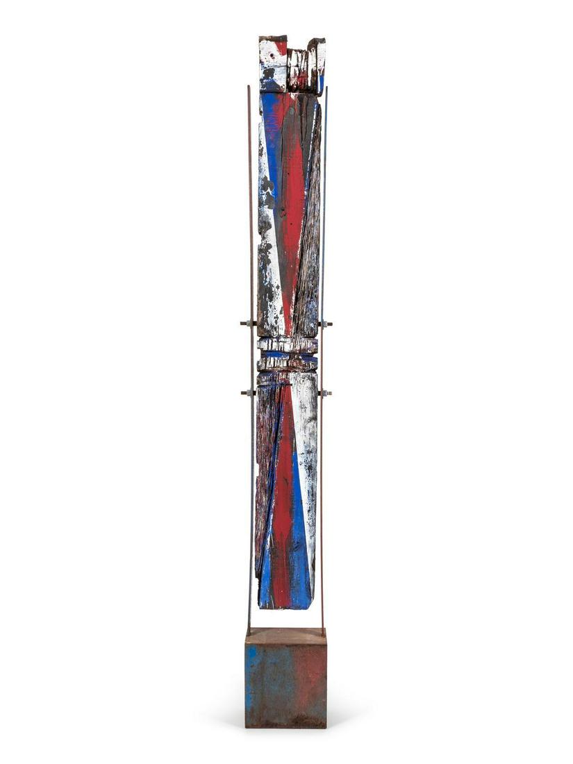 Perez Celis (Argentinian, 1939-2008) Untitled, circa: Perez Celis (Argentinian, 1939-2008) Untitled, circa 1991 oil on wood and metal (found object carved wood pilaster with gold leaf) Height 84 x width 12 x depth 12 inches. Deaccessioned from the Boca