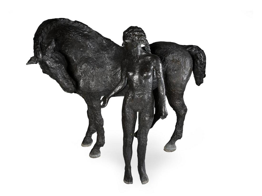 Lina Binkele (Colombian, b. 1957) Lady with Angel,: Lina Binkele (Colombian, b. 1957) Lady with Angel, 2001 bronze signed and editioned 5/7 Height 64 x width 29 x depth 84 inches. Deaccessioned from the Boca Raton Museum of Art to benefit the Acquisiti