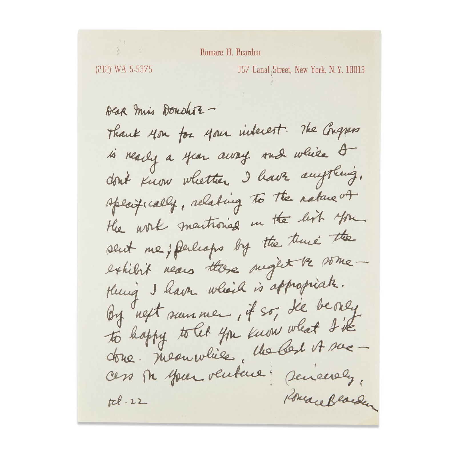 [Art] Bearden, Romare, Autograph Letter, signed (1 of 1)