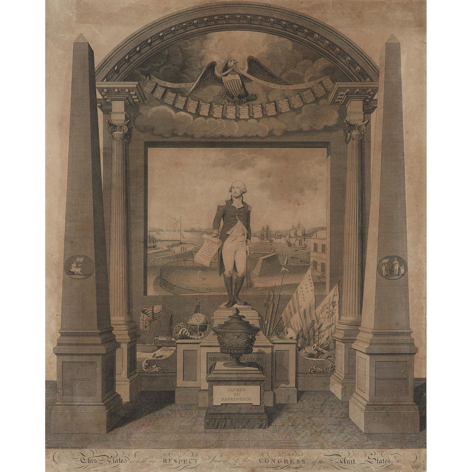 [Presidential] Tiebout, C. (after Buxton, Charles),: [Presidential] Tiebout, C. (after Buxton, Charles) George Washington Memorial Design Engraving (New York: C. Smith, 1798). 25 1/2 x 20 5/8 in. (647 x 524 mm). Laid down on heavy stock sheet, some smal