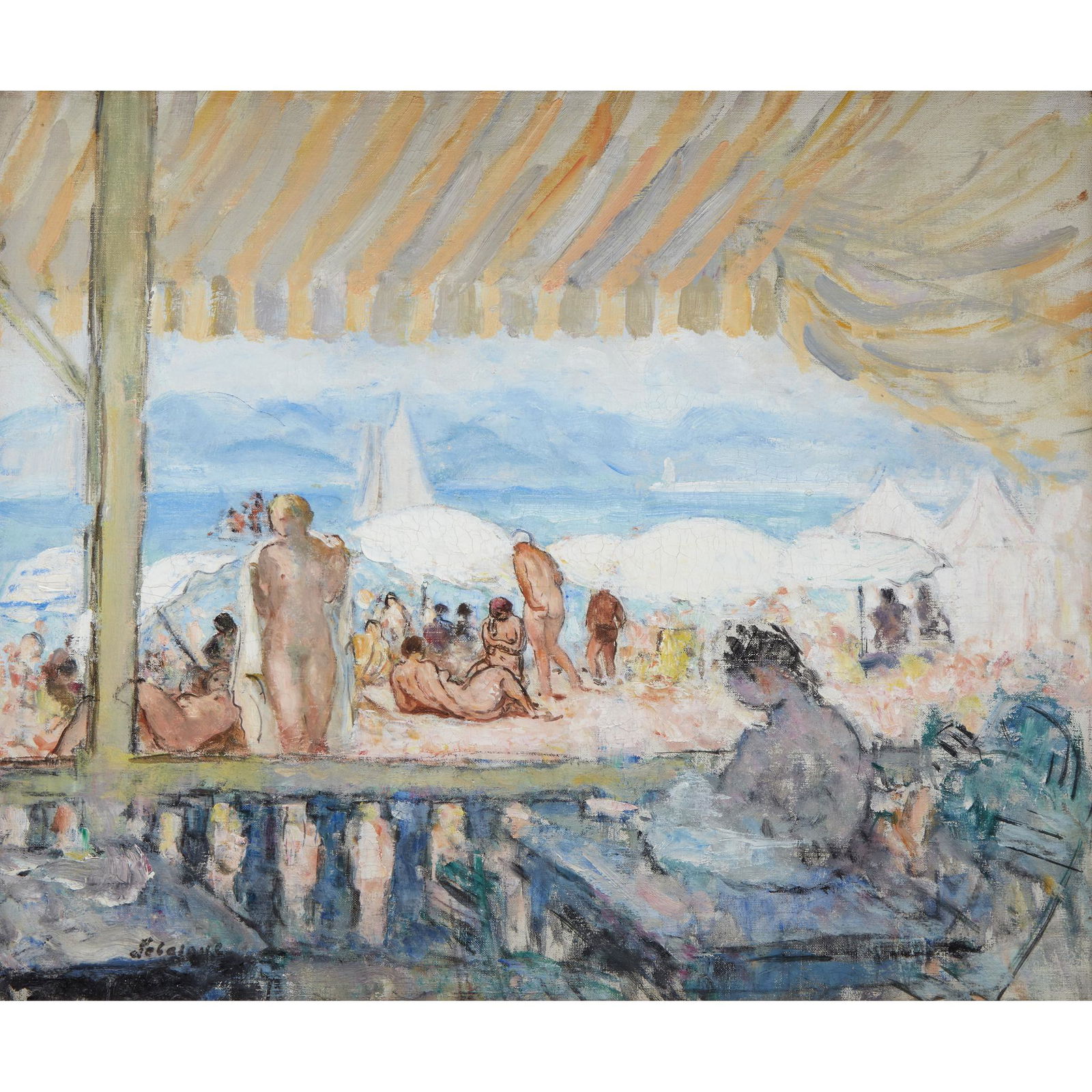 Henri Lebasque (French, 1865–1937), , Véranda sur la: Henri Lebasque (French, 1865–1937) Véranda sur la Plage de Cannes Signed 'Lebasque' bottom left; also inscribed with title 'Le Bar de la Plage' on a label verso, oil on canvas 18 x 21 1/2 (46 x 55c