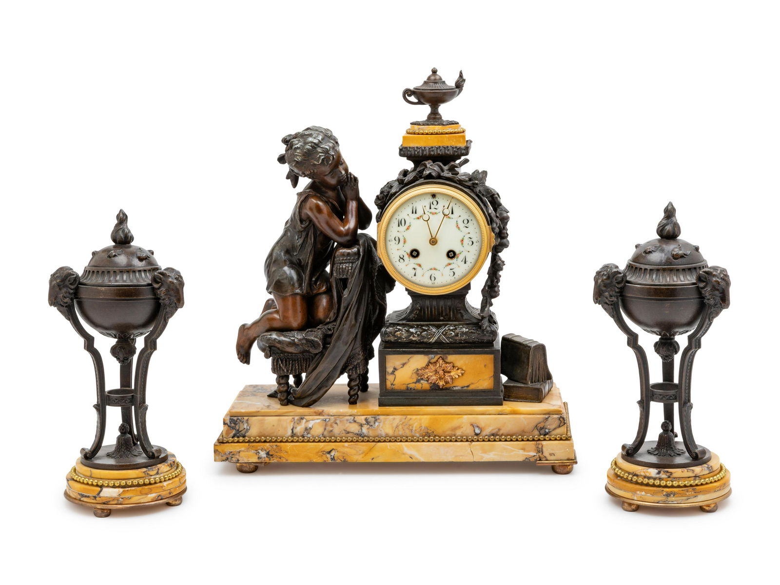 A French Patinated Metal and Marble Three-Piece Clock (1 of 1)