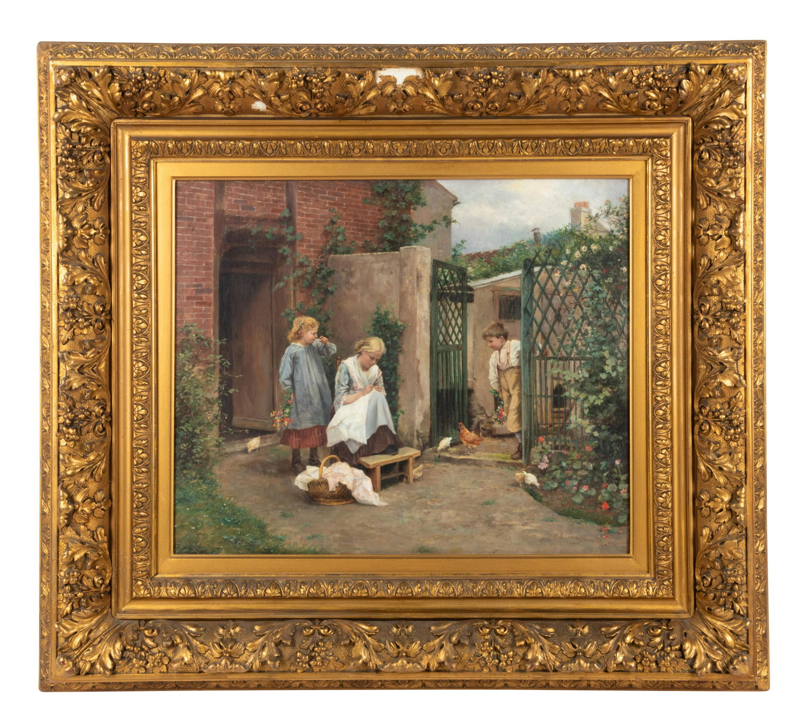 Philippe Francois Sauvage (French, 19th Century): Philippe Francois Sauvage (French, 19th Century) Woman and Two Children in a Garden oil on canvas signed P. Sauvage (lower right) 18 1/4 x 22 1/8 inches.