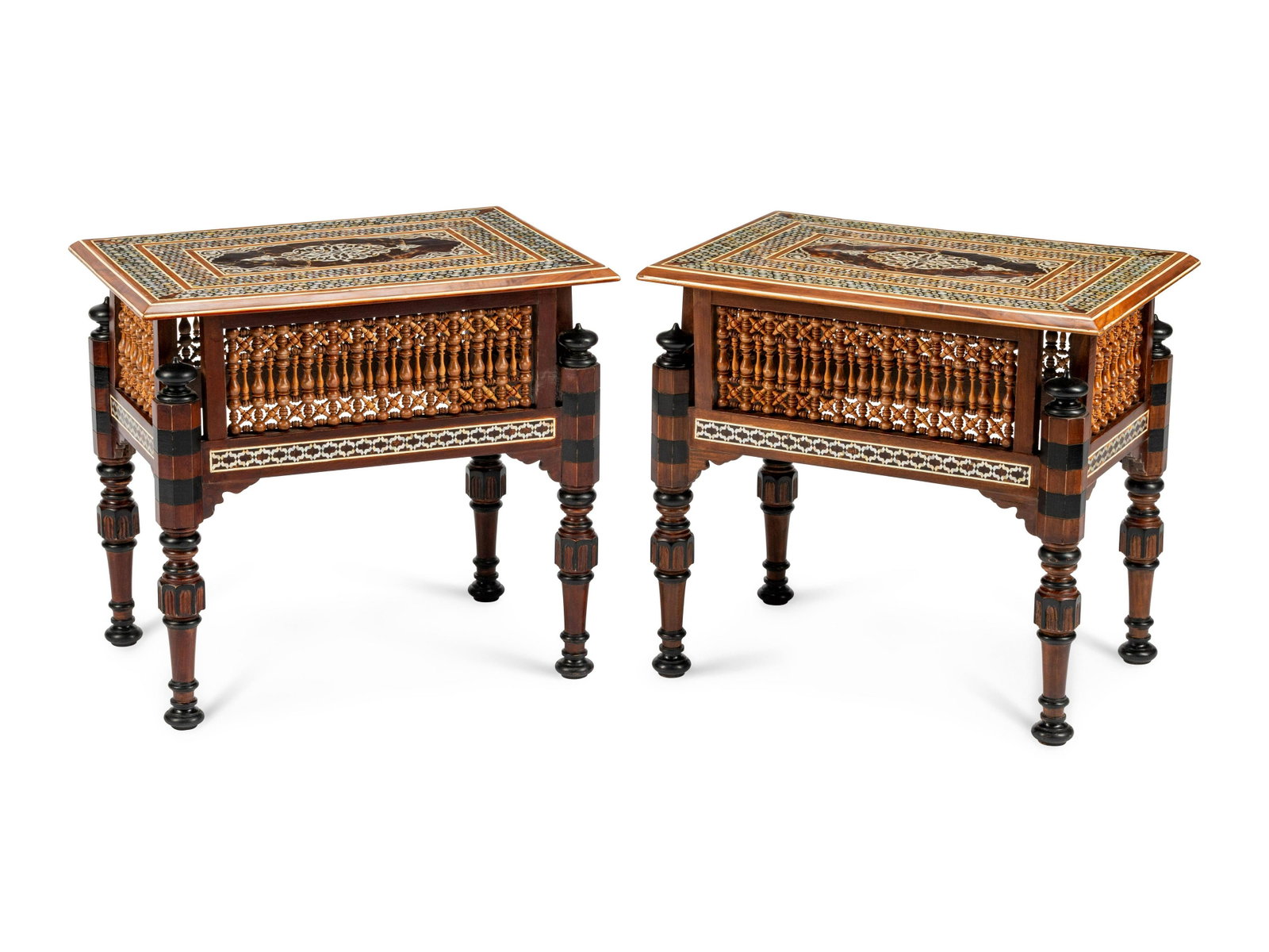 A Pair of Moorish Style Mother-of-Pearl Inlaid Side: A Pair of Moorish Style Mother-of-Pearl Inlaid Side Tables 20th Century Height 22 1/2 x width 24 1/2 x depth 17 inches.