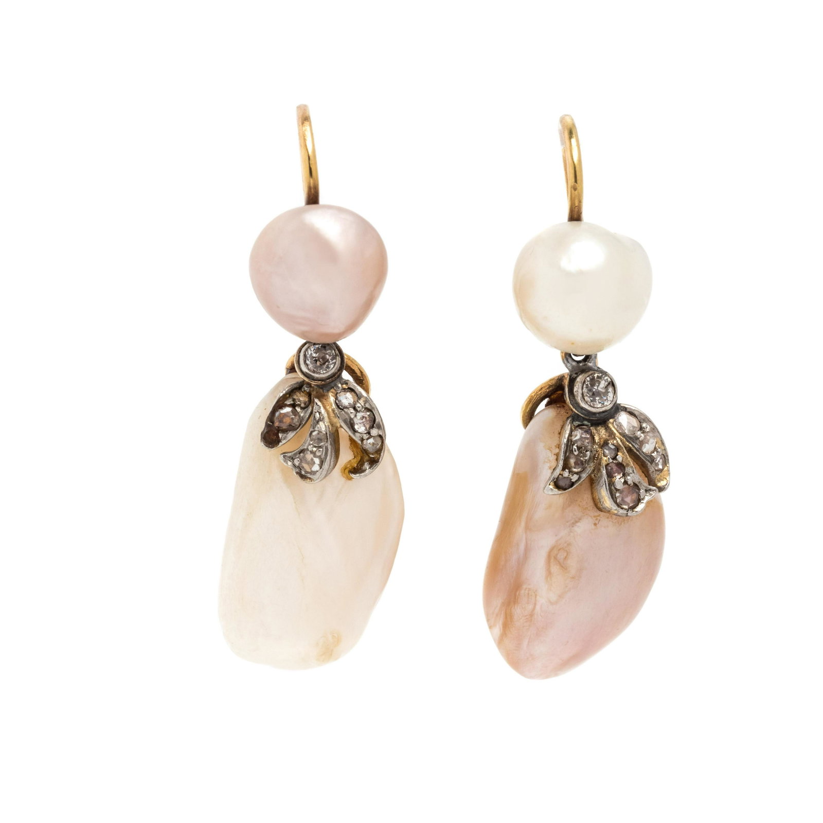 NATURAL FRESHWATER PEARL AND DIAMOND EARRINGS: NATURAL FRESHWATER PEARL AND DIAMOND EARRINGS Consisting of two Baroque pearls, one pink and one white, measuring approximately 10.25 x 9.60 mm and 10.60 x 9.25 mm, two Baroque pearl drops, one pink a