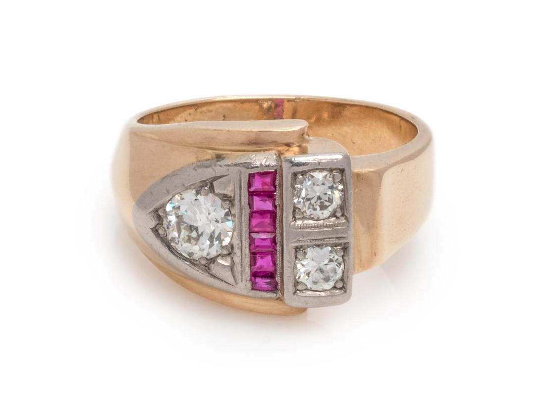 RETRO, DIAMOND AND RUBY RING: RETRO, DIAMOND AND RUBY RING Containing one old European cut diamond weighing approximately 0.40 carat, two old European cut diamonds weighing approximately 0.30 carat total and six rectangular step c