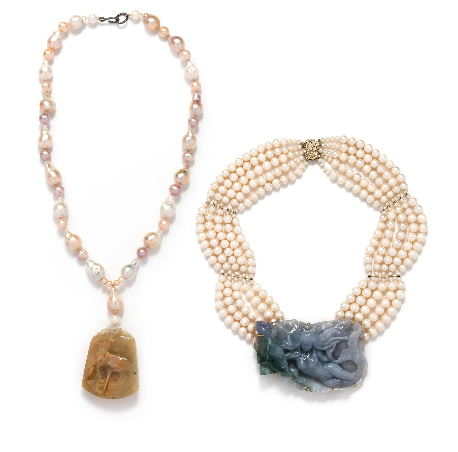 COLLECTION OF CULTURED PEARL AND HARDSTONE NECKLACES: COLLECTION OF CULTURED PEARL AND HARDSTONE NECKLACES Consisting of a necklace containing one carved agate pendant suspended from a necklace containing round and Baroque pearls, strung knotted with a s