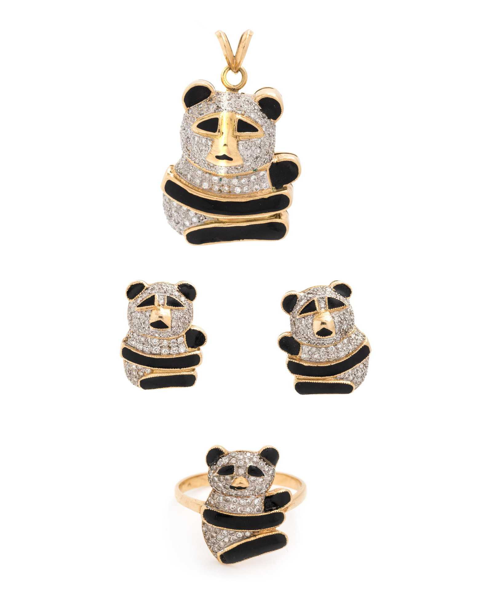 DIAMOND AND ENAMEL PANDA SET: DIAMOND AND ENAMEL PANDA SET Consisting of a ring, earclips and pendant/brooch containing numerous round brilliant cut diamonds weighing approximately 1.25 carats total and black enamel accents. Mount