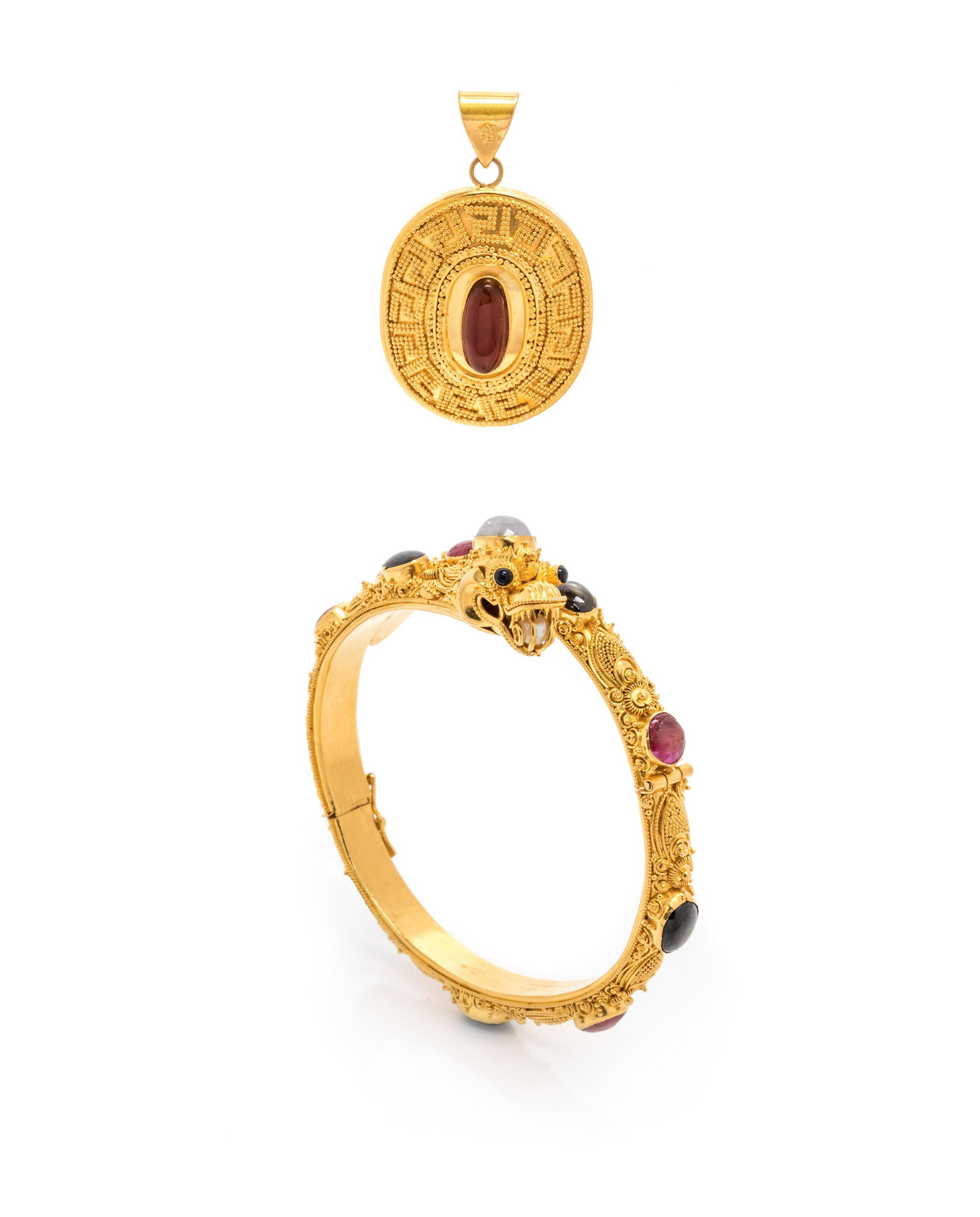 COLLECTION OF YELLOW GOLD AND MULTIGEM JEWELRY: COLLECTION OF YELLOW GOLD AND MULTIGEM JEWELRY Consisting of a high karat yellow gold pendant containing one oval shape cabochon cut carnelian measuring approximately 13.00 x 5.70 mm, together with a 