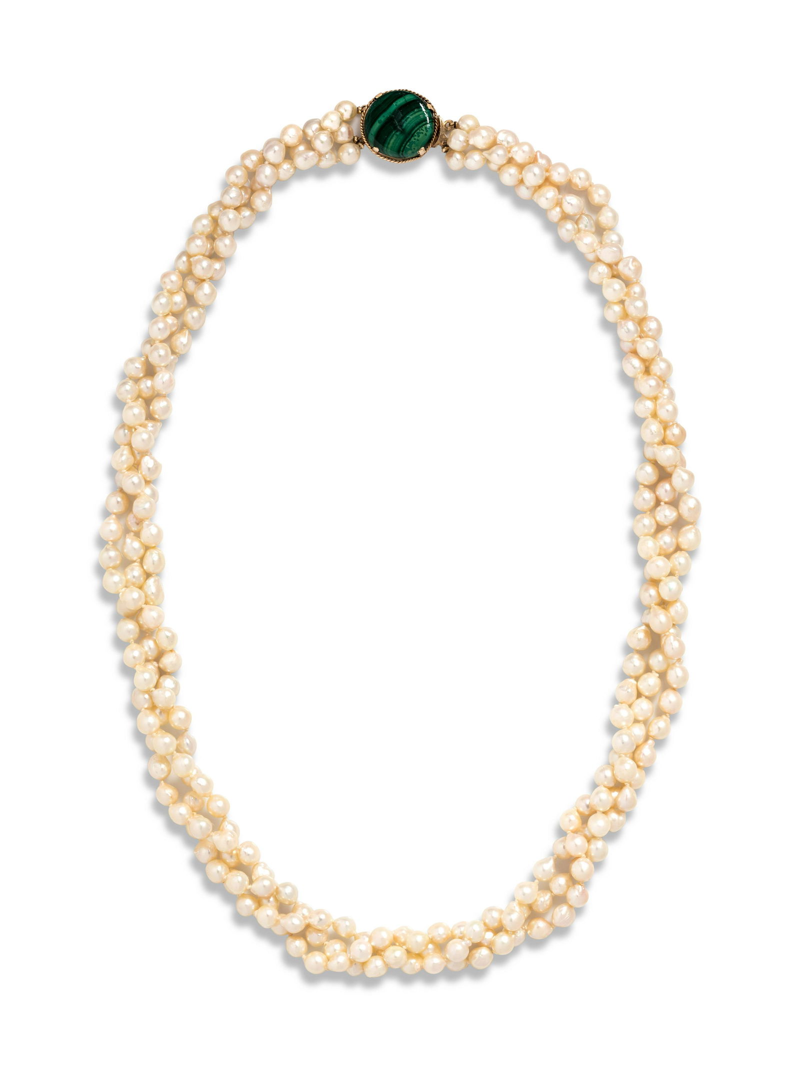 CULTURED PEARL AND MALACHITE NECKLACE: CULTURED PEARL AND MALACHITE NECKLACE Consisting of three strands of freshwater pearls measuring approximately 7.00-8.00 mm in diameter with a yellow gold clasp containing one round malachite plaque m
