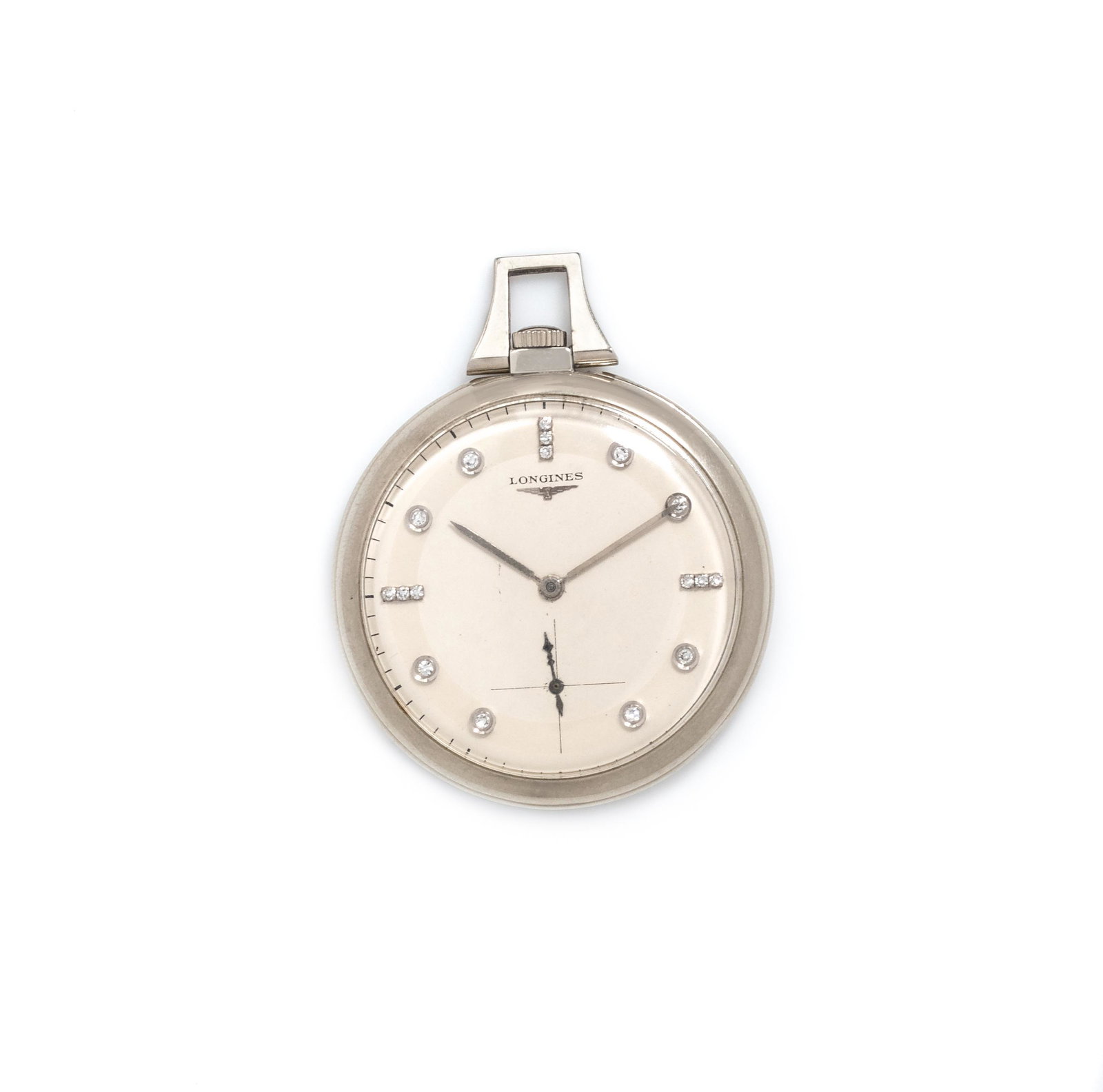 LONGINES, 14K WHITE GOLD AND DIAMOND OPEN FACE POCKET: LONGINES, 14K WHITE GOLD AND DIAMOND OPEN FACE POCKET WATCH 42.00 mm case diameter, off white dial signed LONGINES, single cut diamond numeral markers, white gold pencil hands, subdial at 6 o'clock, s