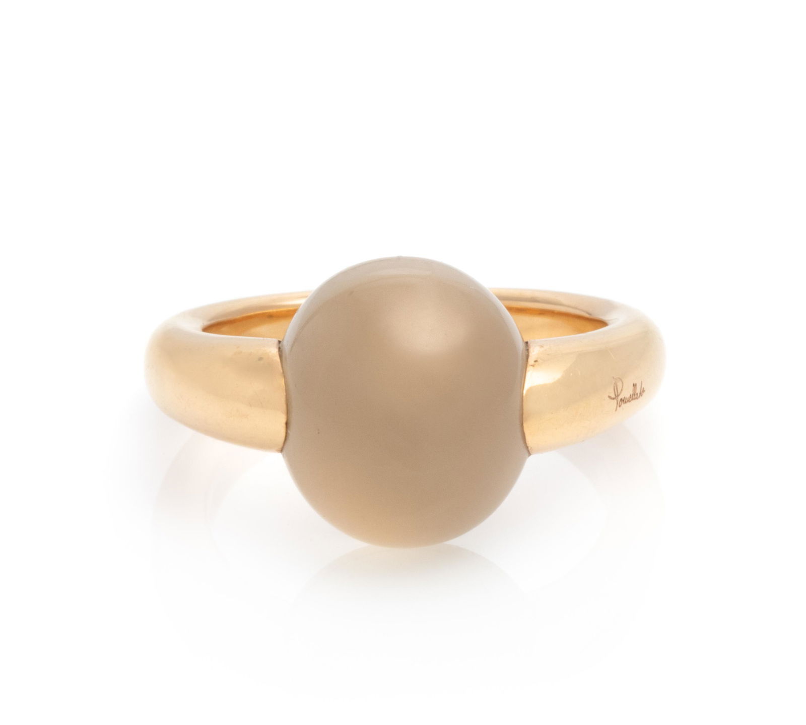 POMELLATO, YELLOW GOLD AND MOONSTONE RING: POMELLATO, YELLOW GOLD AND MOONSTONE RING Containing one oval shape cabochon cut moonstone measuring approximately 12.67 x 10.50 mm. Stamp: Pomellato (Italian hallmark) 750. 6.05 dwts.