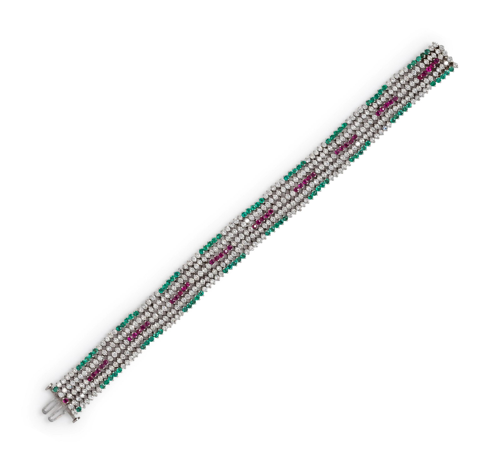 DIAMOND, EMERALD AND RUBY BRACELET: DIAMOND, EMERALD AND RUBY BRACELET Containing numerous round brilliant cut diamonds weighing approximately 3.50 carats total, 92 round mixed cut emeralds measuring approximately 1.65 mm in diameter an