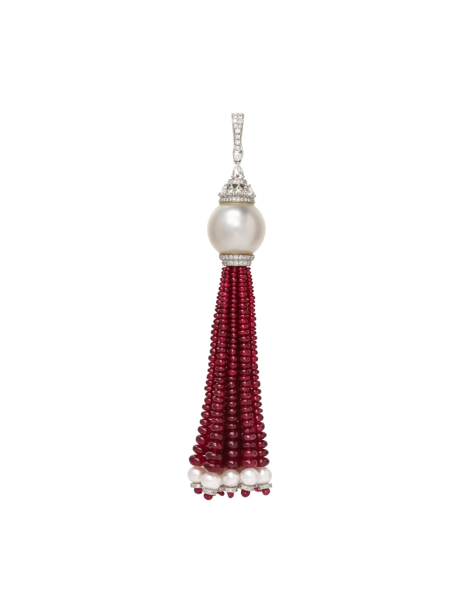 CULTURED SOUTH SEA PEARL, RUBY AND DIAMOND TASSEL: CULTURED SOUTH SEA PEARL, RUBY AND DIAMOND TASSEL PENDANT Consisting of one South Sea pearl measuring approximately 15.60 mm in diameter, numerous round brilliant and pear shape rose cut diamonds and 