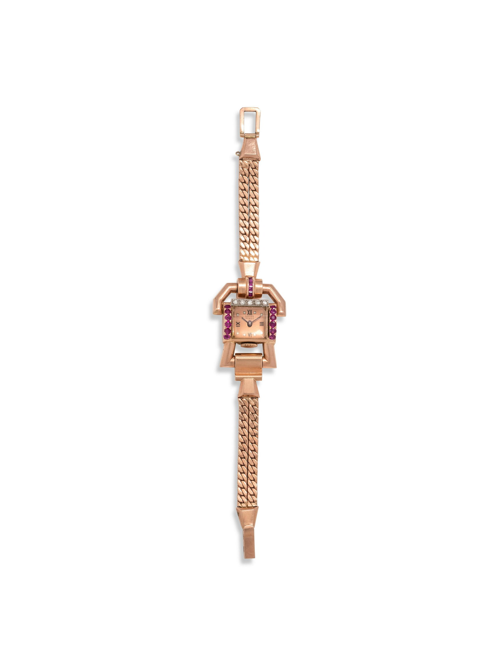 LUCIEN PICARD, RETRO, 14K ROSE GOLD, DIAMOND AND RUBY: LUCIEN PICARD, RETRO, 14K ROSE GOLD, DIAMOND AND RUBY WRISTWATCH 14.00 x 19.00 mm case dimensions, matte rose gold dial signed LUCIEN PICARD, silver box and black Roman numerals, black baton hands, co