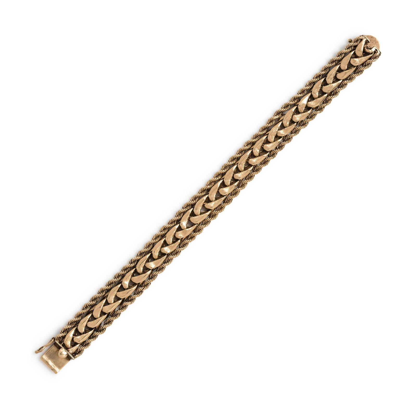 YELLOW GOLD BRACELET: YELLOW GOLD BRACELET Consisting of a central fancy link chain with attached rope chains, measuring approximately 14.00 mm wide. Stamp: 14K. 24.05 dwts.