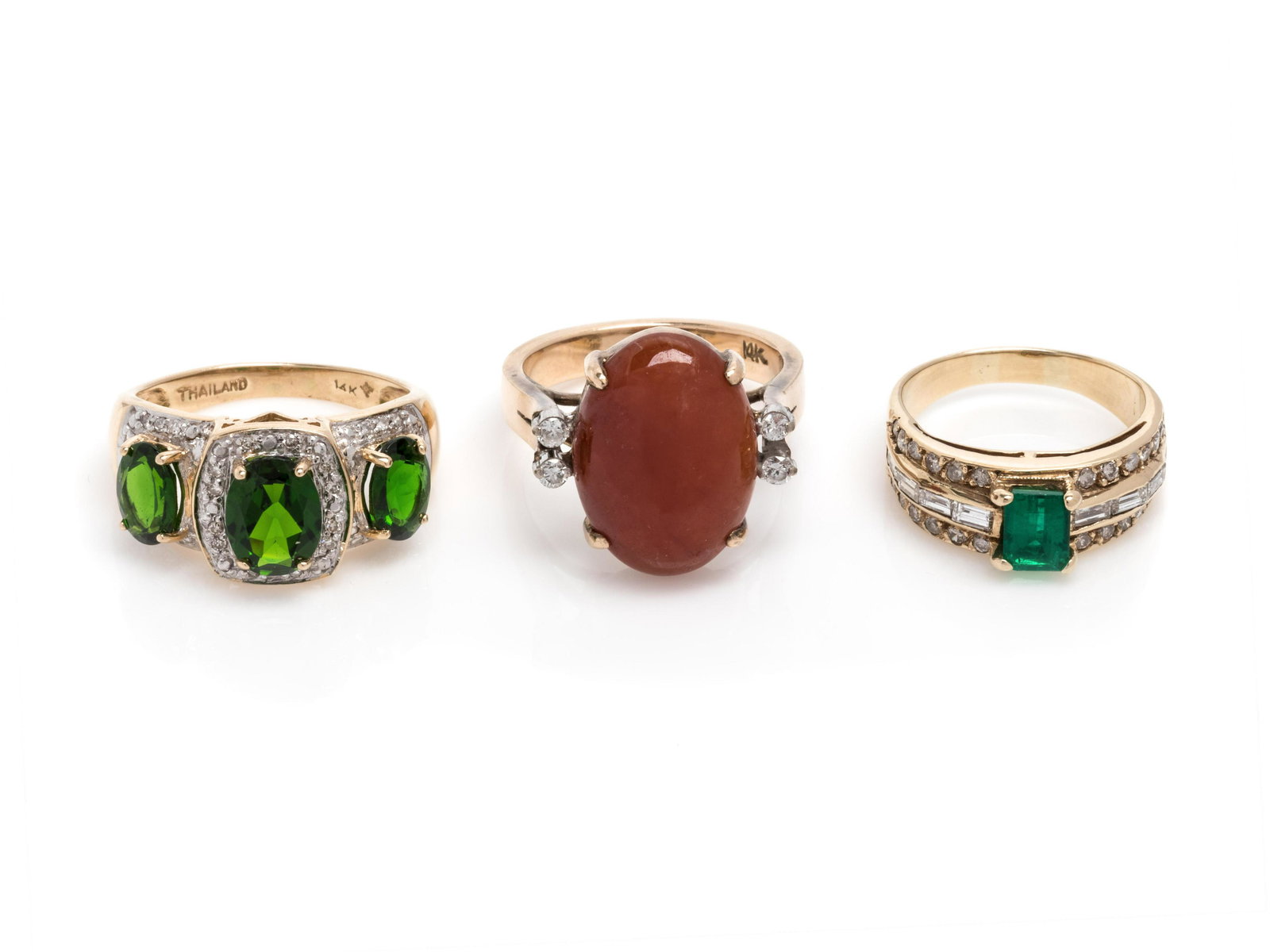 COLLECTION OF GEMSTONE AND DIAMOND RINGS: COLLECTION OF GEMSTONE AND DIAMOND RINGS Consisting of a ring containing three oval shape mixed cut chrome diopside and 42 single cut diamonds weighing approximately 0.08 carat total, a ring containin