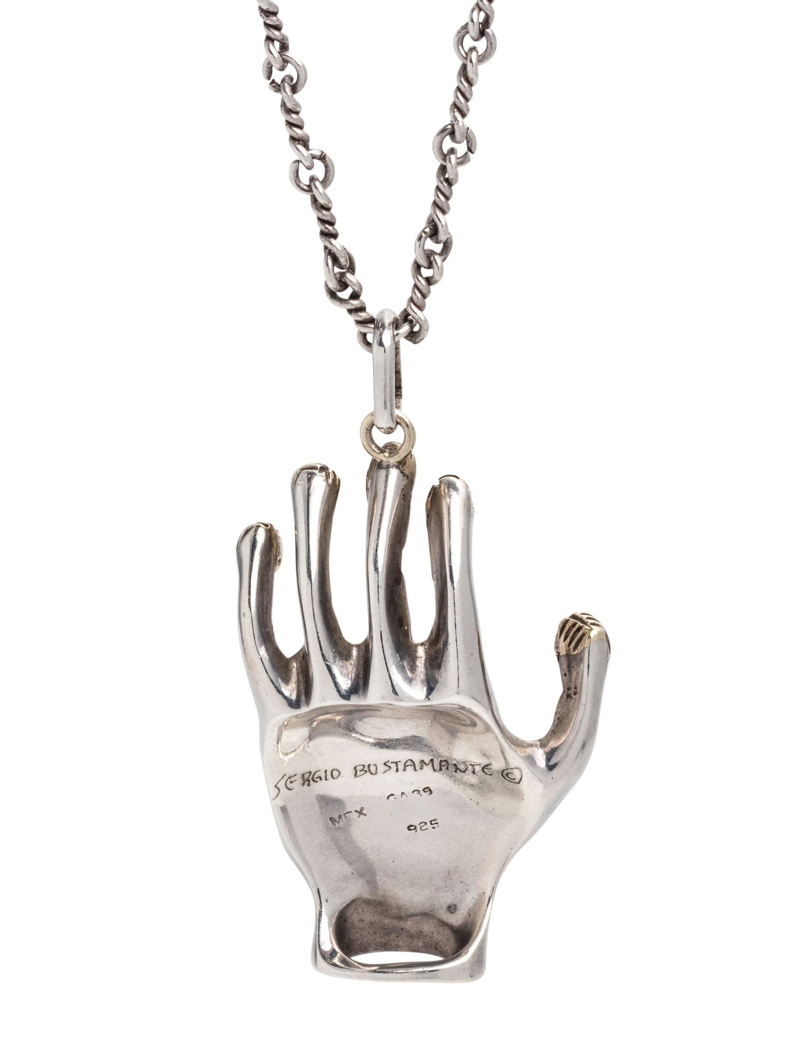 SERGIO BUSTAMANTE, STERLING SILVER PENDANT/NECKLACE: SERGIO BUSTAMANTE, STERLING SILVER PENDANT/NECKLACE Consisting of a hand motif pendant suspended from a silver fancy link chain necklace. Stamp: SERGIO BUSTAMANTE MEX (obscured) 925. 26.95 dwts. Prope