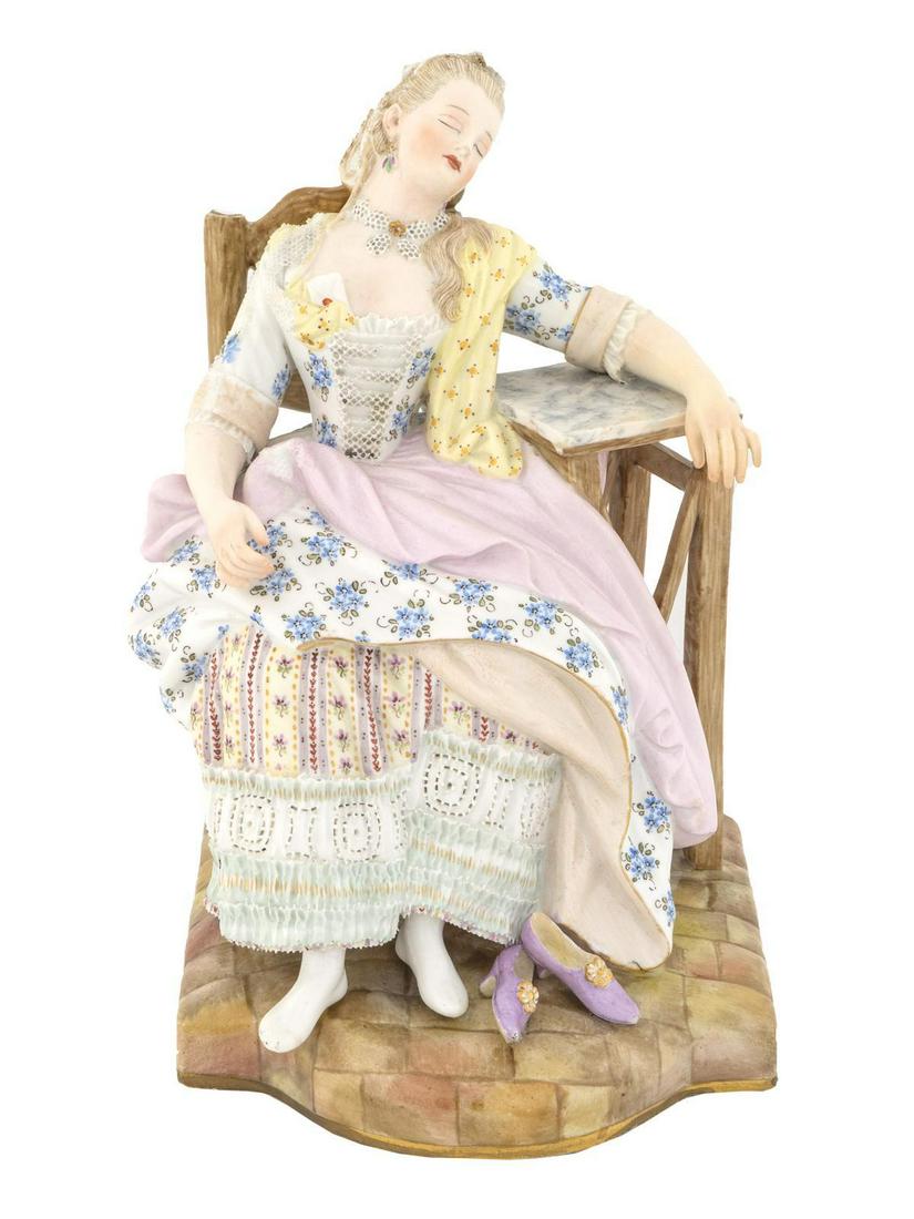 A Meissen Porcelain Figure of a Sleeping Maiden Height: A Meissen Porcelain Figure of a Sleeping Maiden CIRCA 1900 Crossed swords mark in underglaze blue; impressed E58, impressed 43. Height 7 1/4 x width 4 3/4 x depth 5 inches. Clements Antiques, Destin P