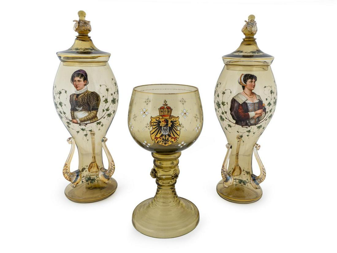 A Pair of Bohemian Enameled Glass Pokals and a Roehmer (1 of 1)