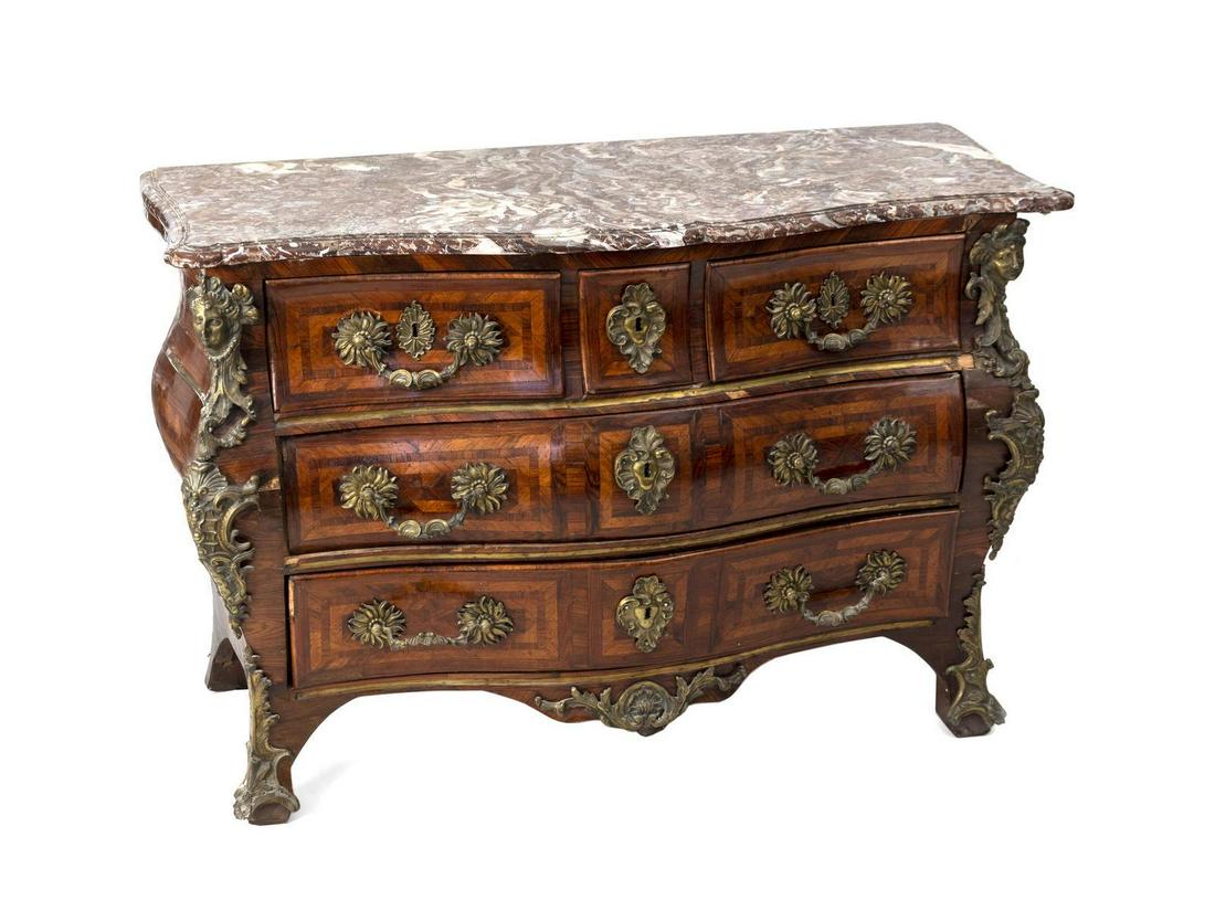 An Important Louis XV Gilt-Bronze Mounted, Rosewood and: An Important Louis XV Gilt-Bronze Mounted, Rosewood and Marble Top Commode STAMP OF GUILLAUME SCHWINGKENS, CIRCA 1720-60 stamped twice. Height 35 x width 50 x depth 26 inches. Provenance: Private Coll