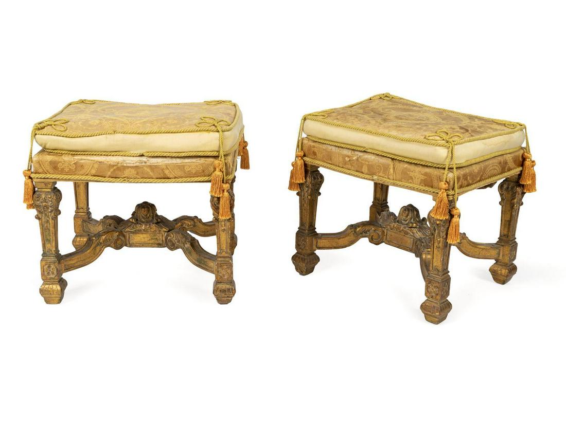 A Pair of Louis XIV Style Giltwood and Silk Upholstered: A Pair of Louis XIV Style Giltwood and Silk Upholstered Tabourets 19TH CENTURY Height 17 x width 20 x depth 17 inches.